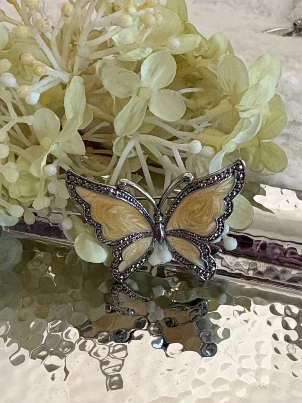 Butterfly Brooch Pin in Cream and Silver